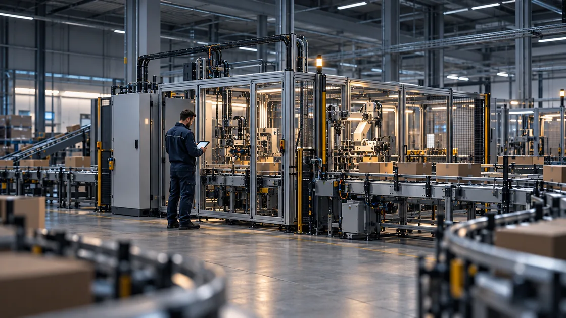 Servicetechniker prüft eine geschützte Produktionsanlage mit einem Tablet.
